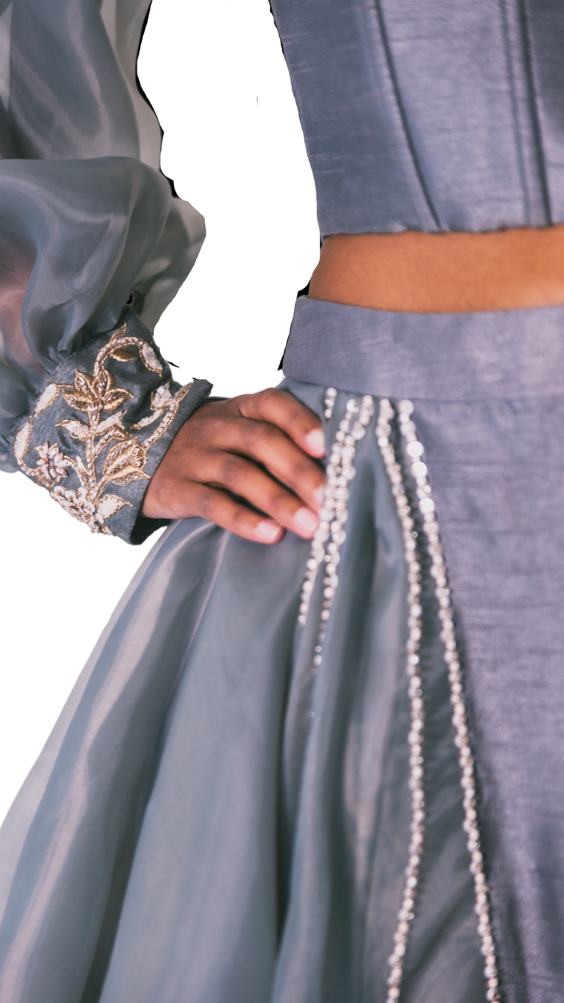 Grey Puff Sleeve Corset Lehenga - Preserve