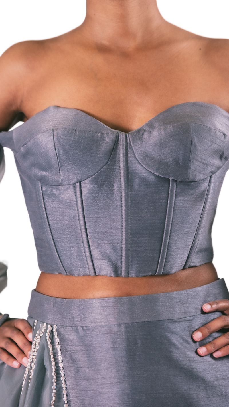 Grey Puff Sleeve Corset Lehenga - Preserve