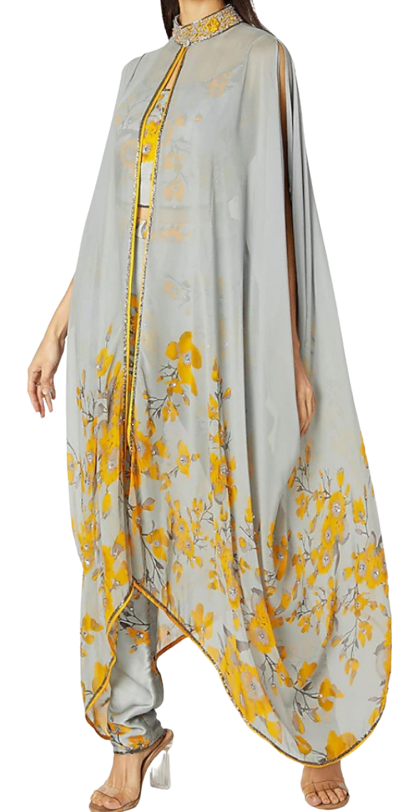 Grey and Yellow Printed Embroidered Cape Set - Preserve