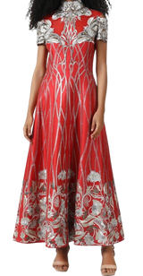 High Neck Silver & Red Tea Length Gown - Preserve