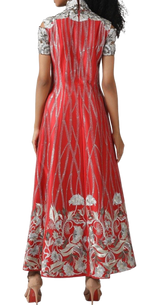 High Neck Silver & Red Tea Length Gown - Preserve