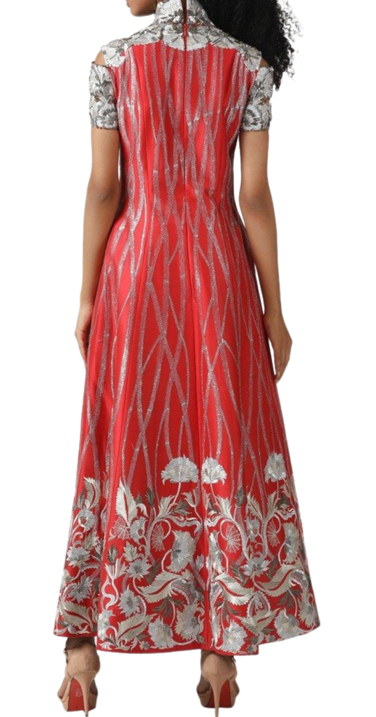 High Neck Silver & Red Tea Length Gown - Preserve