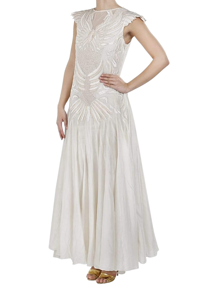 Ivory Bird Motifs Embroidered Linen Dress - Preserve