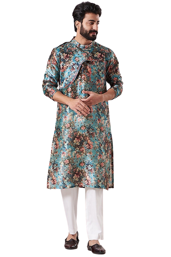 Mens Blue Based Floral Printed Kurta Set with Red Stitching - Preserve