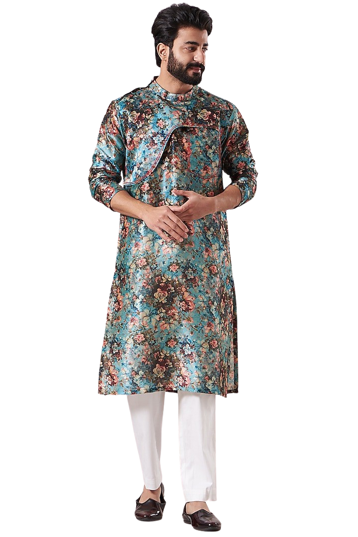 Mens Blue Based Floral Printed Kurta Set with Red Stitching - Preserve