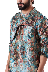 Mens Blue Based Floral Printed Kurta Set with Red Stitching - Preserve