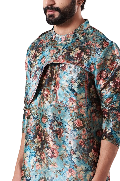 Mens Blue Based Floral Printed Kurta Set with Red Stitching - Preserve