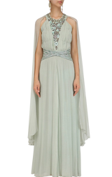 Light Sage Green Winged Sleeves Belted Gown: Sample Sale - Preserve