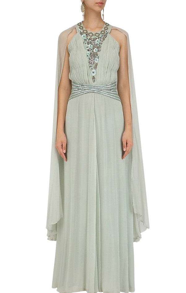 Light Sage Green Winged Sleeves Belted Gown: Sample Sale - Preserve