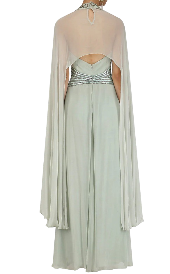 Light Sage Green Winged Sleeves Belted Gown - Preserve