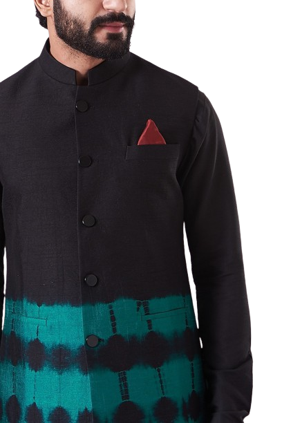 Teal Black Dyed Nehru Jacket Set - Preserve