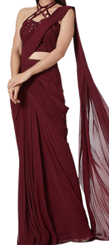 Maroon Embroidered Pre-Draped Sari - Preserve