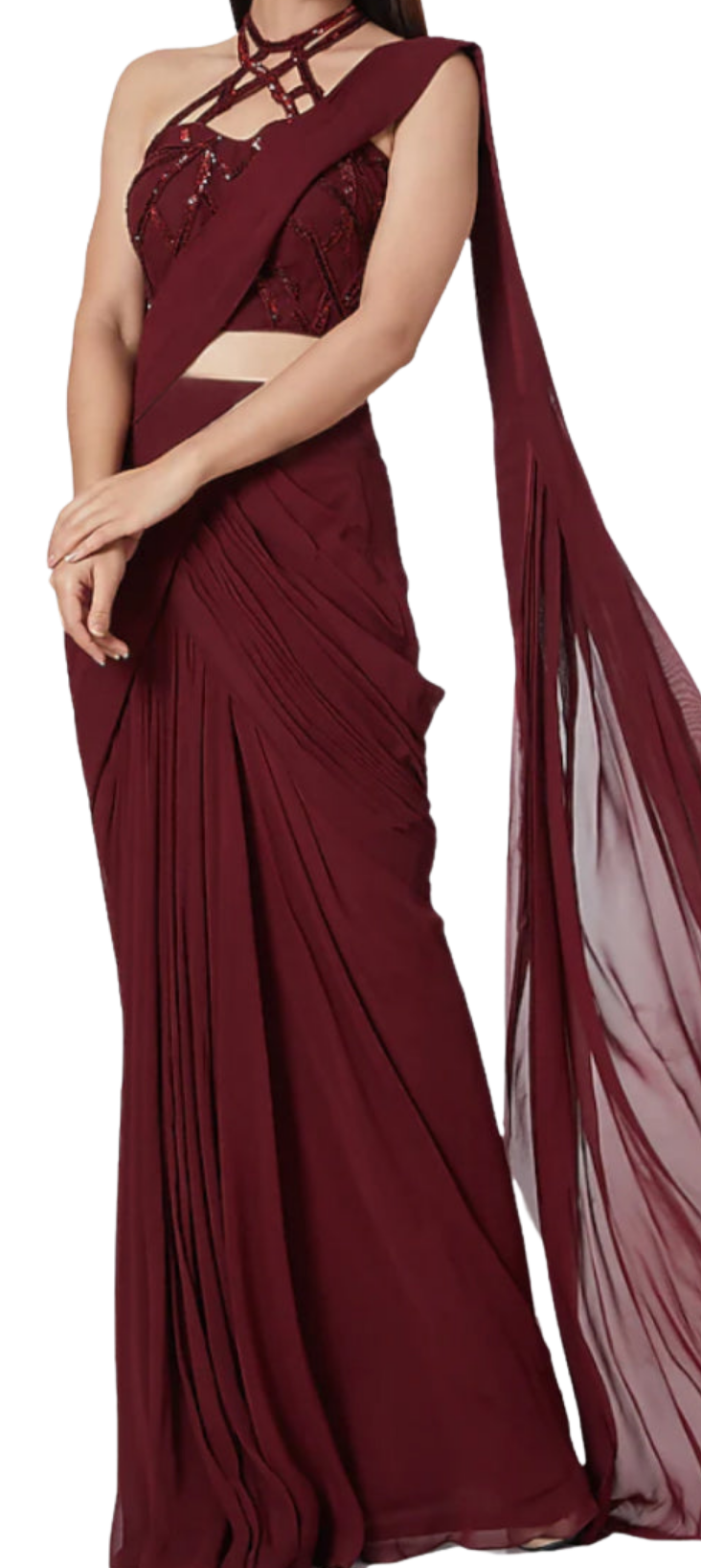 Maroon Embroidered Pre-Draped Sari - Preserve