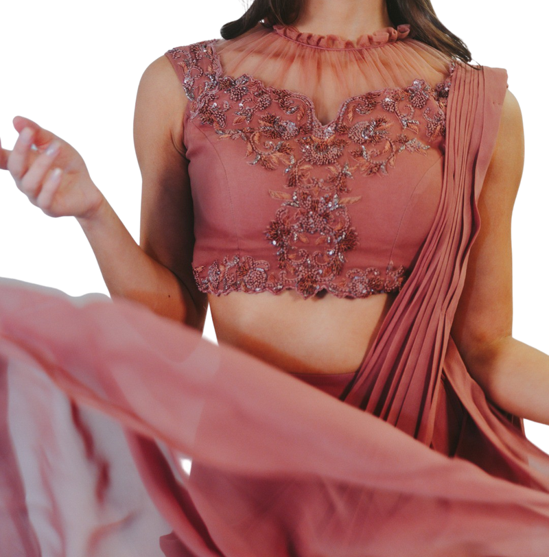 Mauve Embroidered Pre-Draped Sari - Preserve