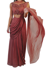 Mauve Embroidered Pre-Draped Sari - Preserve