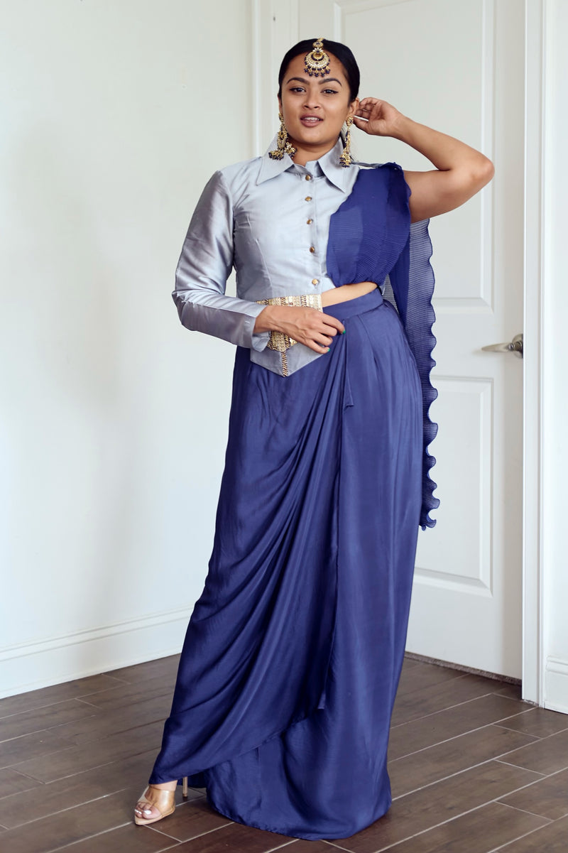 Midnight Blue Drape Skirt with Silver Military Blouse - Preserve