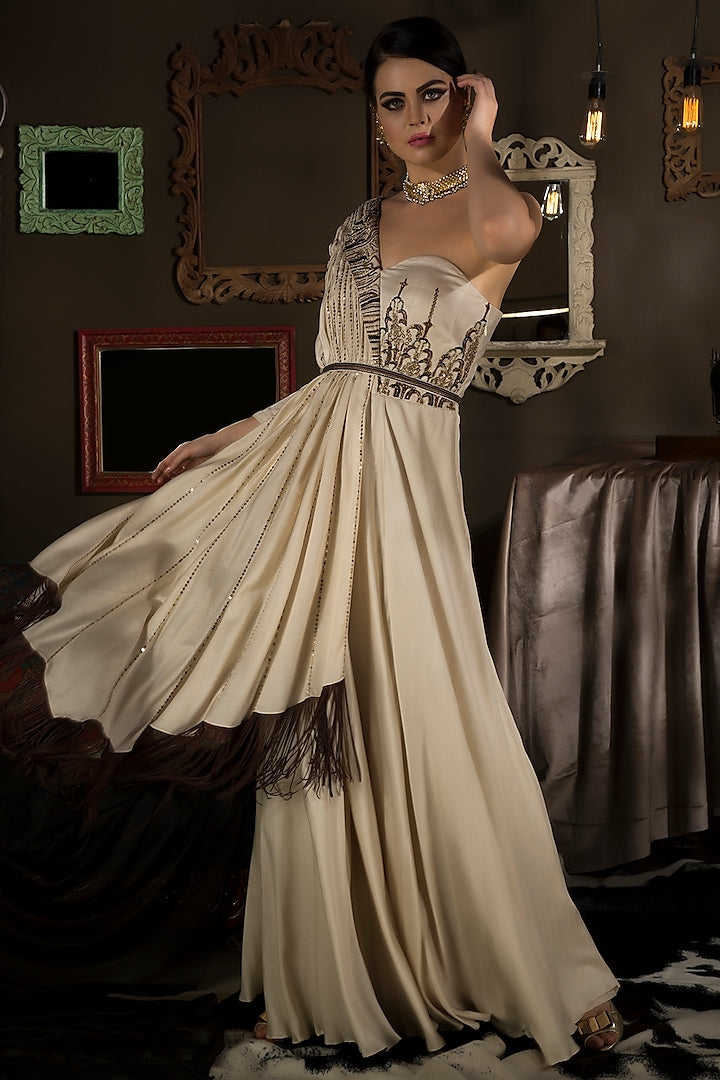 Ivory Embroidered Gown with Fringe - Preserve