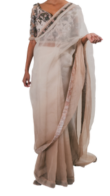 Pewter and Ivory Ombre Hand-Embellished Pre-Draped Sari - Preserve