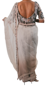 Pewter and Ivory Ombre Hand-Embellished Pre-Draped Sari - Preserve