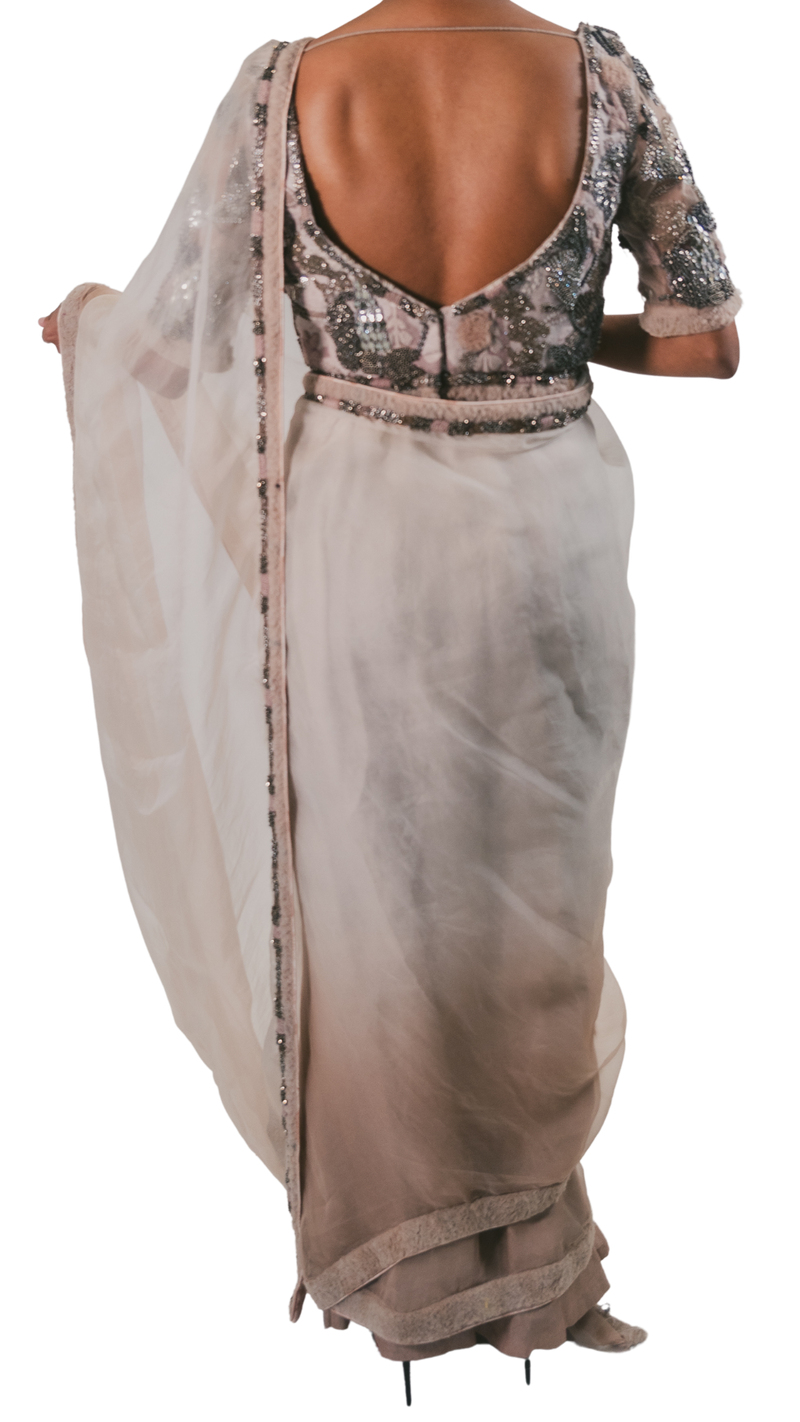 Pewter and Ivory Ombre Hand-Embellished Pre-Draped Sari - Preserve