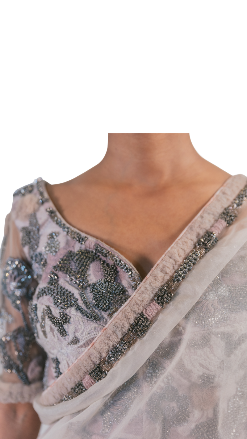 Pewter and Ivory Ombre Hand-Embellished Pre-Draped Sari - Preserve