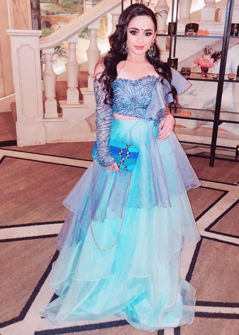 Periwinkle & Powder Blue Embellished Ruffle Lehenga - Preserve