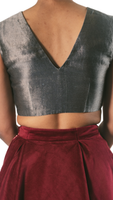 Pewter Embellished Crop Top With Velvet Tiered Lehenga - Preserve