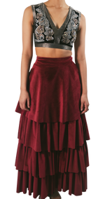 Pewter Embellished Crop Top With Velvet Tiered Lehenga - Preserve