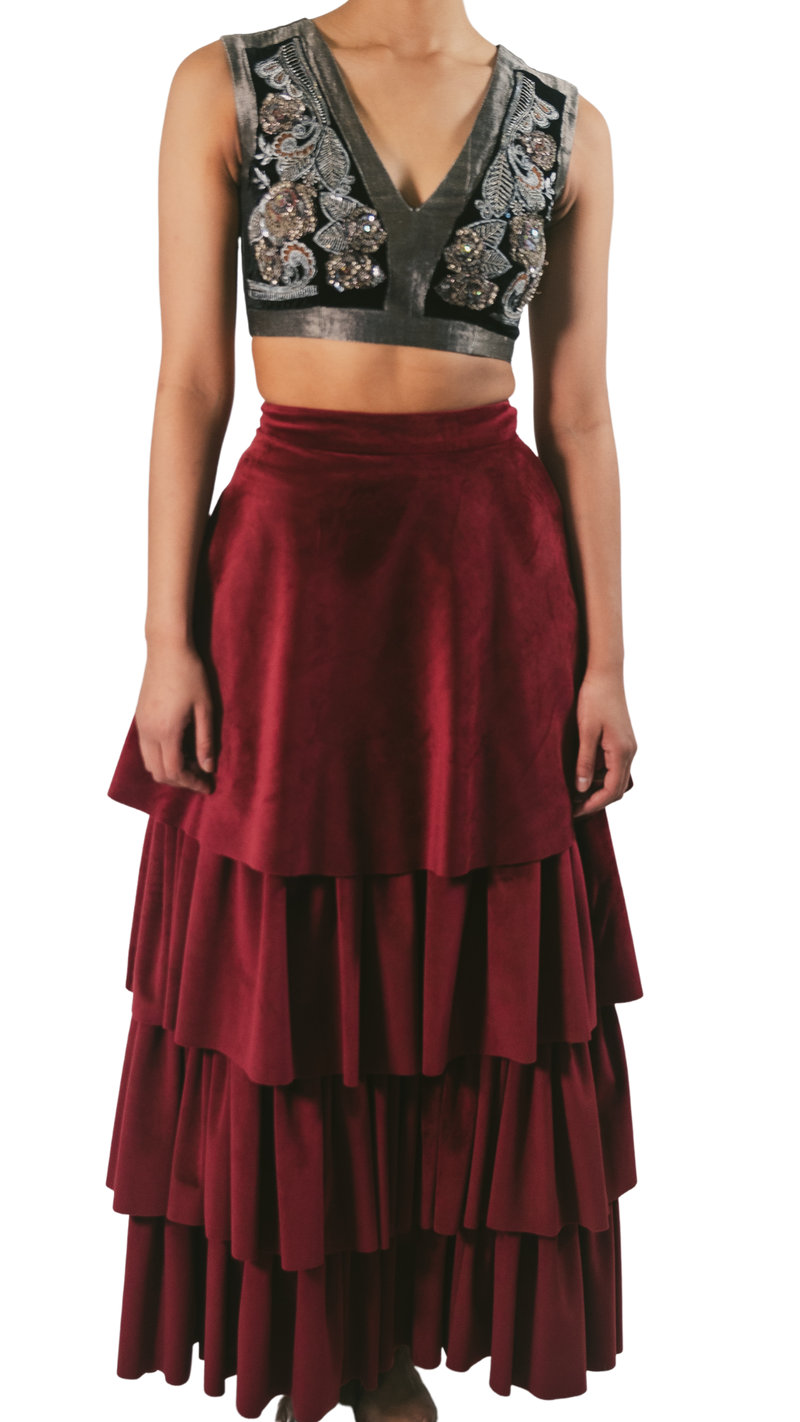 Pewter Embellished Crop Top With Velvet Tiered Lehenga - Preserve