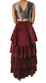 Pewter Embellished Crop Top With Velvet Tiered Lehenga - Preserve