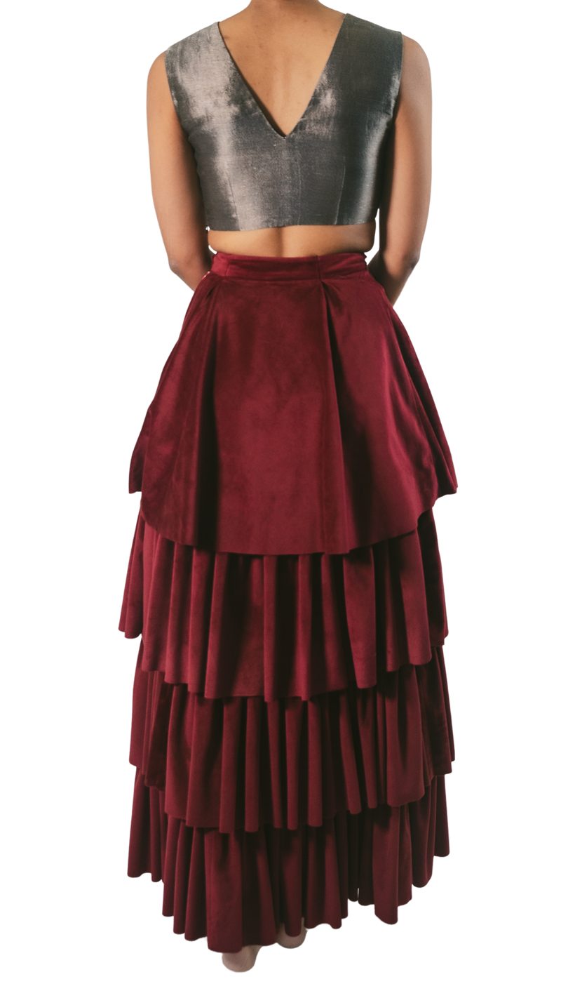 Pewter Embellished Crop Top With Velvet Tiered Lehenga - Preserve