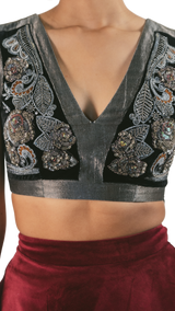 Pewter Embellished Crop Top With Velvet Tiered Lehenga - Preserve