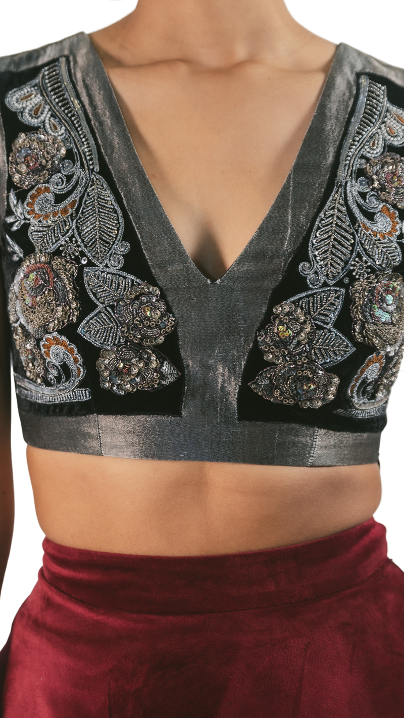 Pewter Embellished Crop Top With Velvet Tiered Lehenga - Preserve