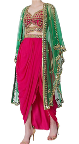 Pink & Green Mirrored Dhoti Set - Preserve