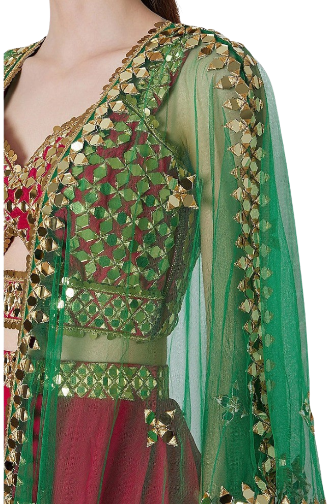 Pink & Green Mirrored Dhoti Set - Preserve