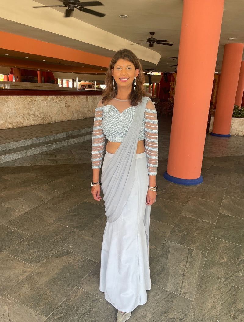 Powder Blue Embroidered Pre-Draped Mermaid Sari - Preserve