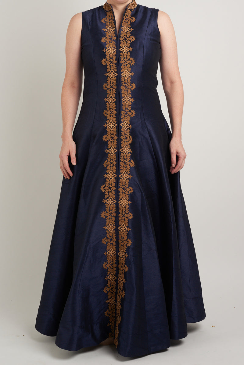 Navy Raw Silk Gold Embroidered Anarkali: Sample Sale - Preserve