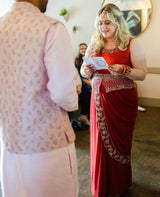 Red Raw Silk Embroidered Pre-Draped Sari - Preserve