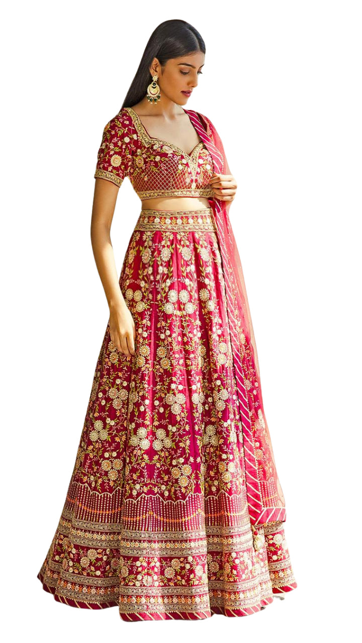 Red Floral Embroidered Lehenga Set: Sample Sale - Preserve