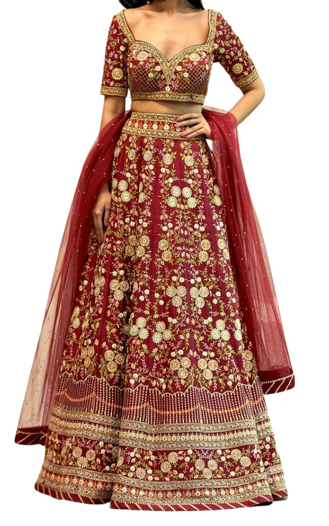 Red Floral Embroidered Lehenga Set: Sample Sale - Preserve