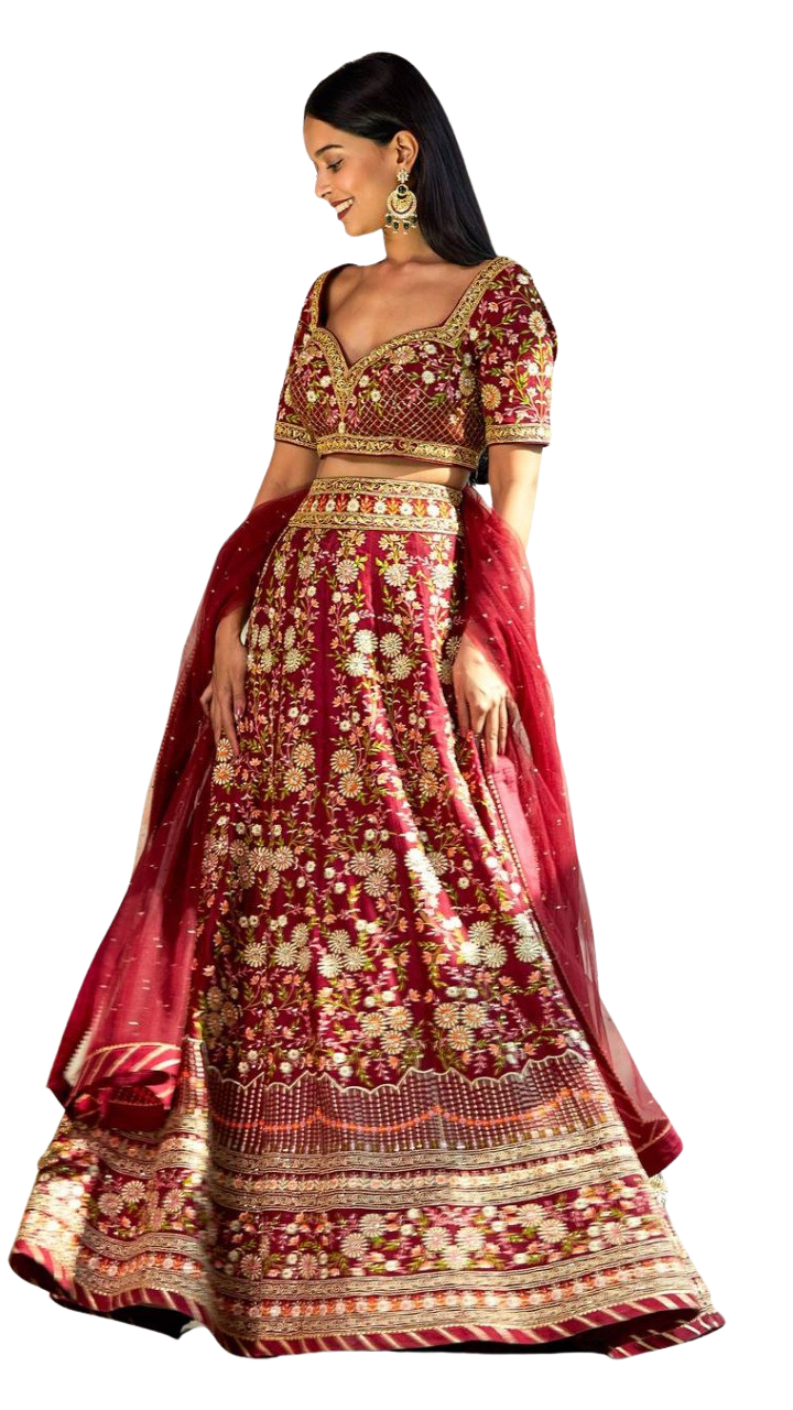 Red Floral Embroidered Lehenga Set: Sample Sale - Preserve