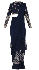 Rose Gold Beaded & Navy Pre-Draped Sari - Preserve