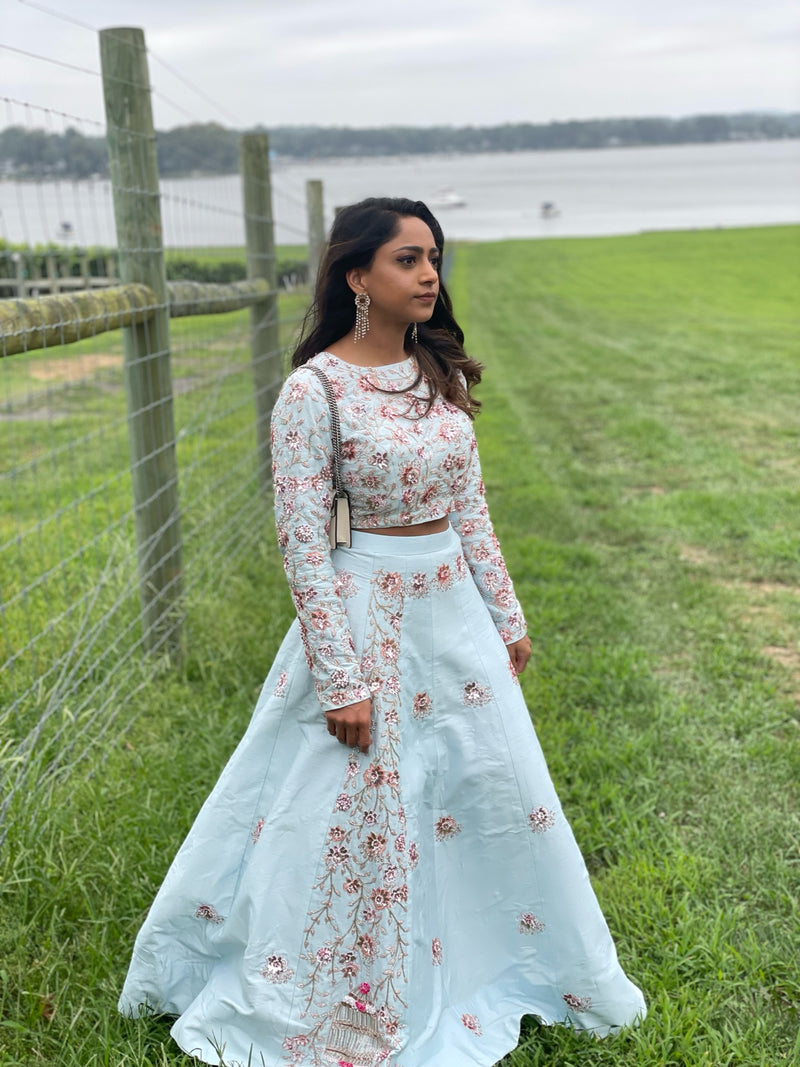 Rose Gold Floral Beaded Powder Blue Lehenga - Preserve