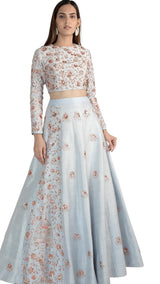 Rose Gold Floral Beaded Powder Blue Lehenga - Preserve