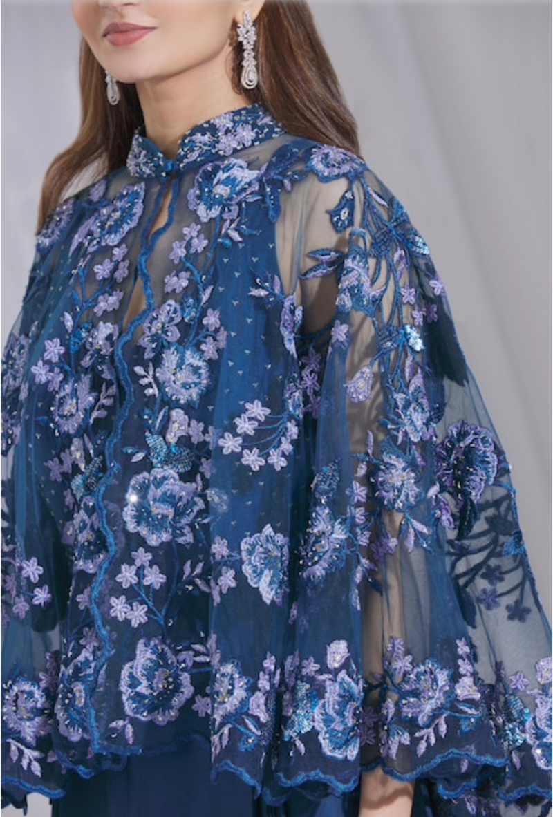 Blue Draped Jumpsuit with Lace Cape: Sample Sale - Preserve