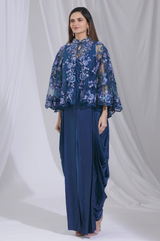 Blue Draped Jumpsuit with Lace Cape: Sample Sale - Preserve