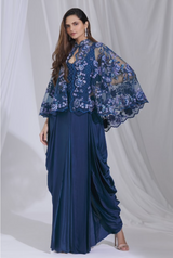 Blue Draped Jumpsuit with Lace Cape: Sample Sale - Preserve