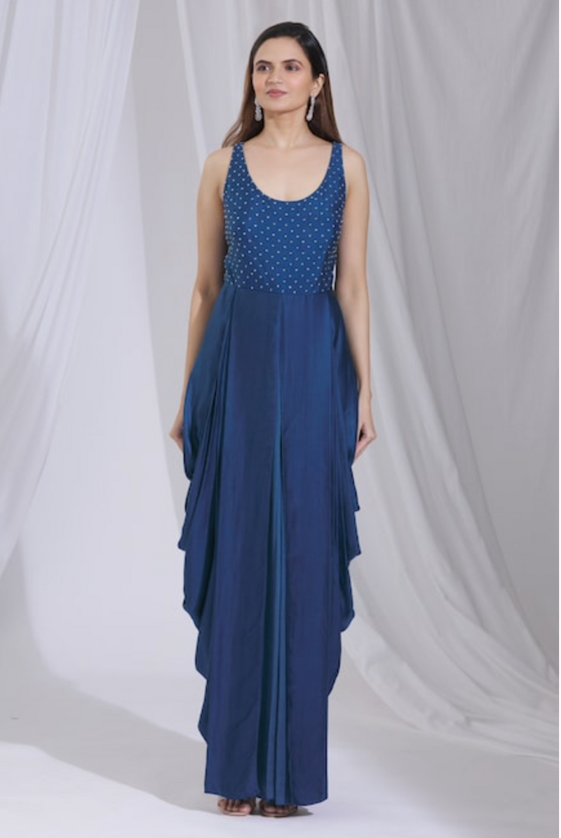 Blue Draped Jumpsuit with Lace Cape: Sample Sale - Preserve