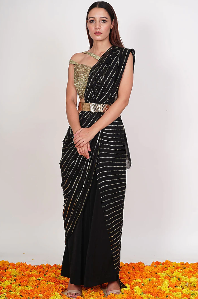 Black & Gold Pre-Draped Palazzo Pant Sari Set: Sample Sale - Preserve