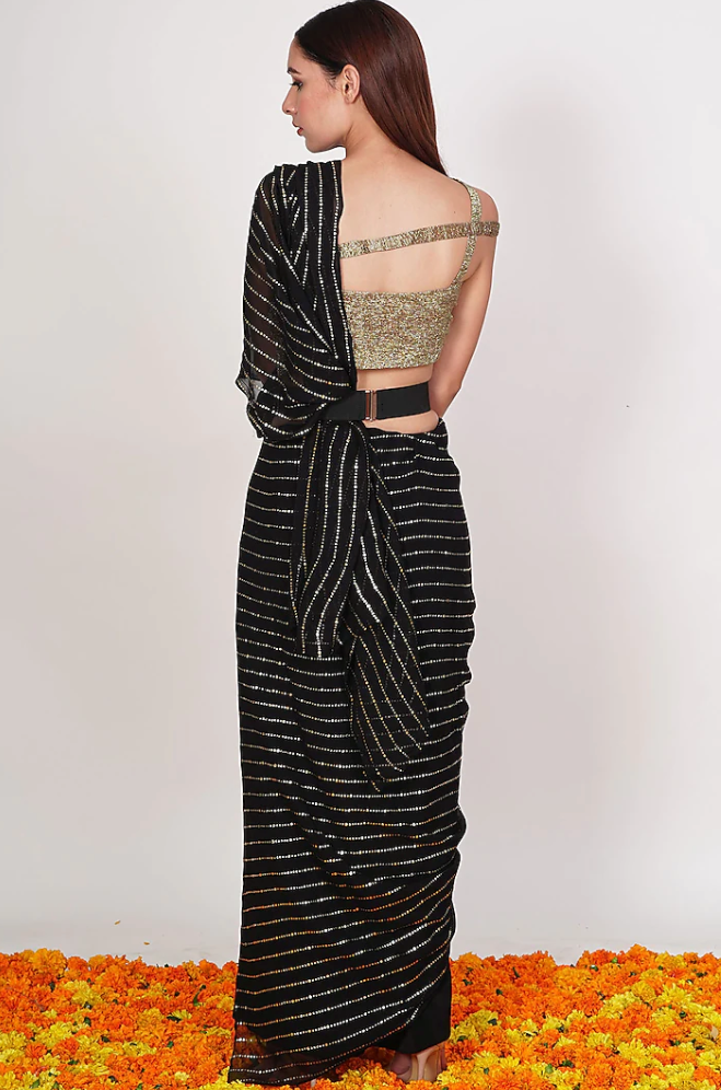 Black & Gold Pre-Draped Palazzo Pant Sari Set: Sample Sale - Preserve